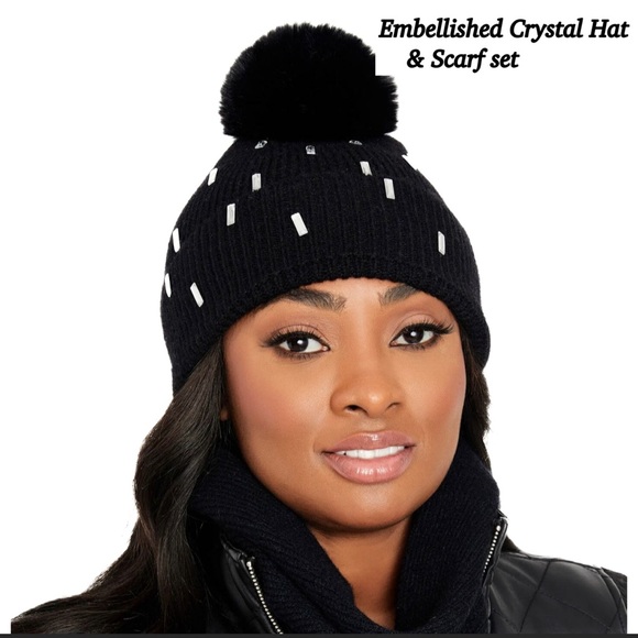 2PC SET🔥🆕BLING RHINESTONE BLACK BEANIE HAT & BLACK SCARF SET - Picture 3 of 7
